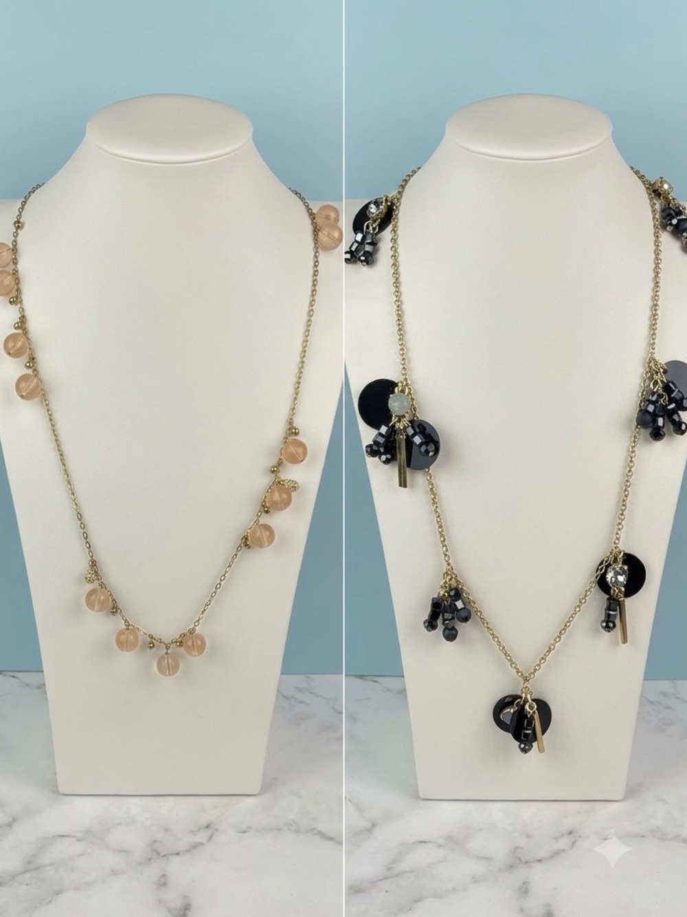 J.Crew Day to Night Set - 2 Long Gold Chain Station Necklaces Neutral & Black
